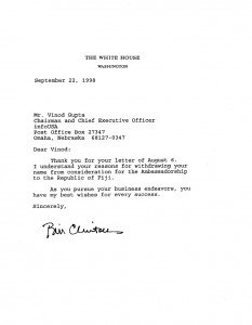 Bill Clinton Ambassadorship Letter